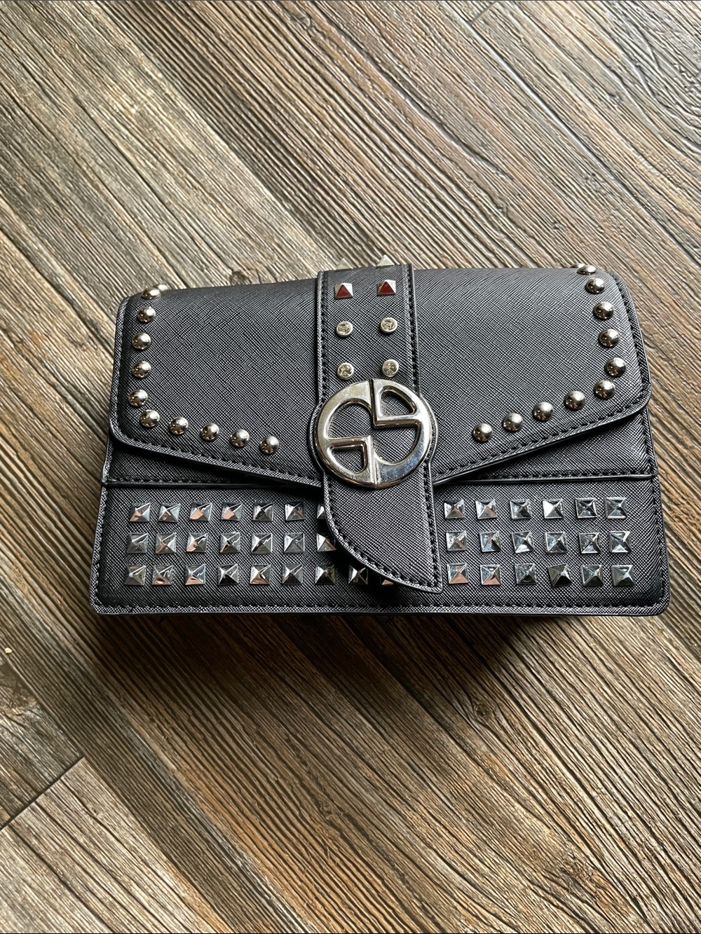 Black Studded Clutch Bag with Silver Hardware